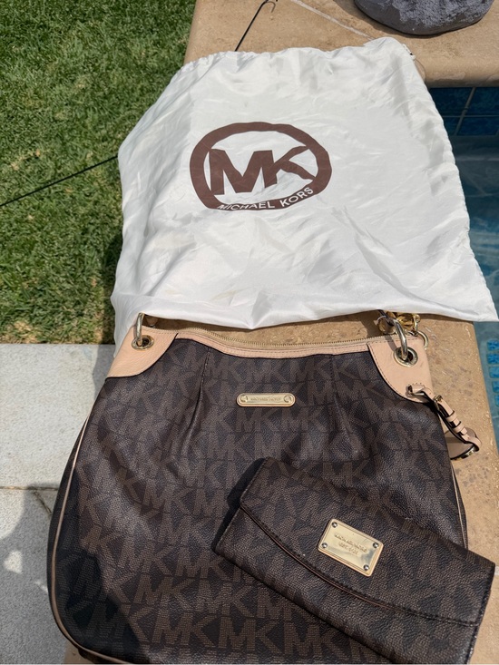 Michael Kors Handbags - Michael Kors Brown Logo Monogram Crossbody with Tan Trim